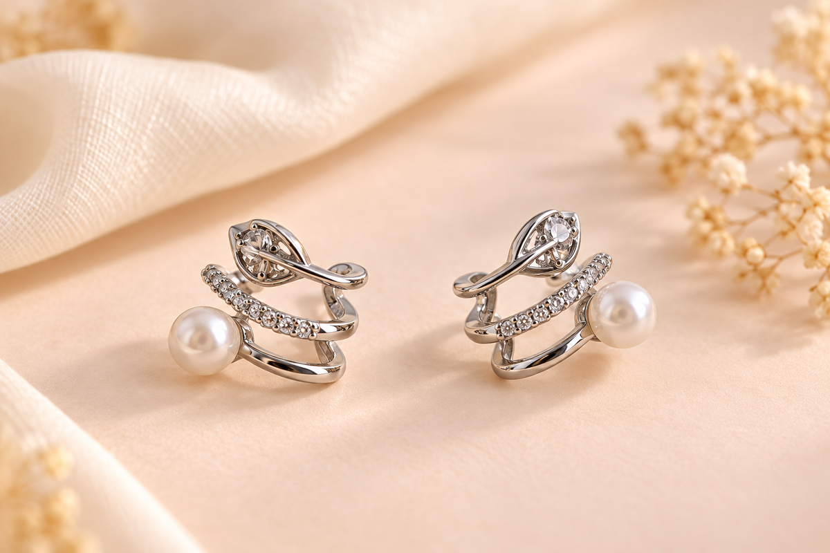 Lustre Pearl Vine Spiral Ear Cuff Earrings