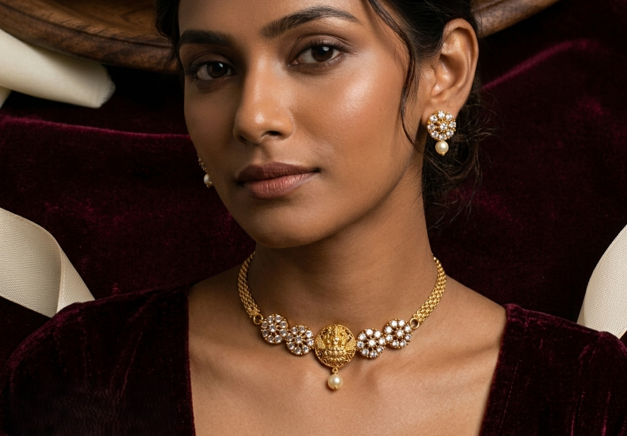 Lakshmi Pearl Mesh Choker Set