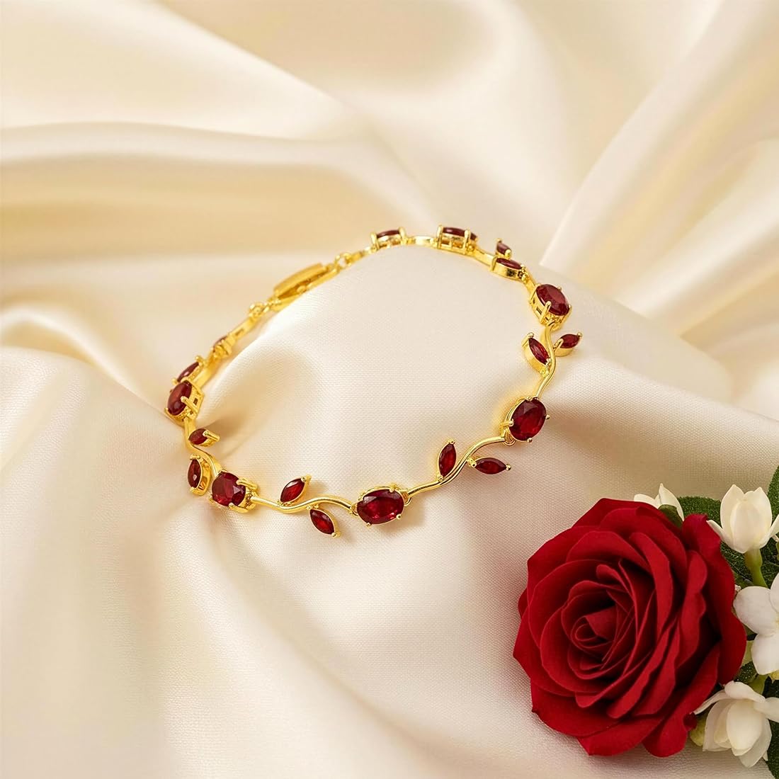 Ruby Red Tulip Gold Finish Slider Bracelet