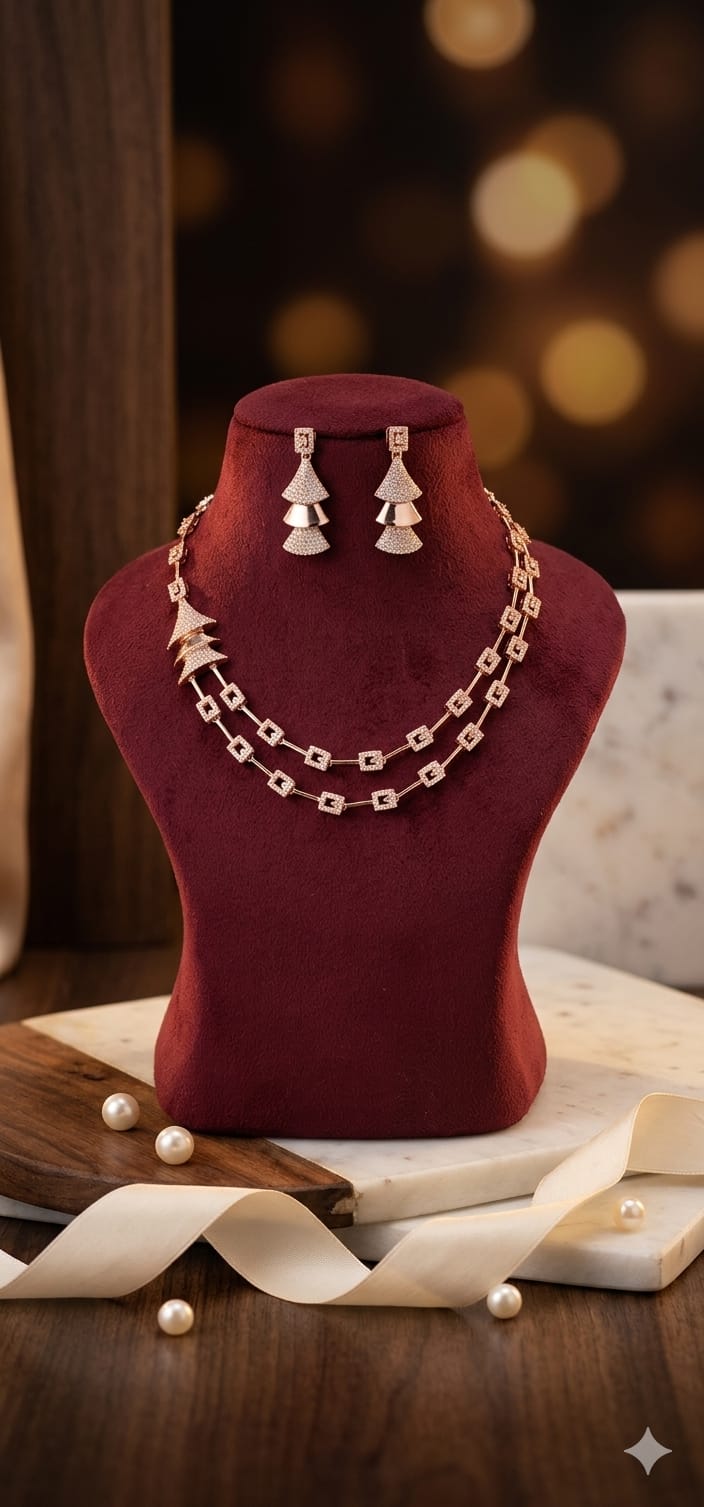 Anti tarnish rose gold AD Dual-Layer Architectural necklace earrings set