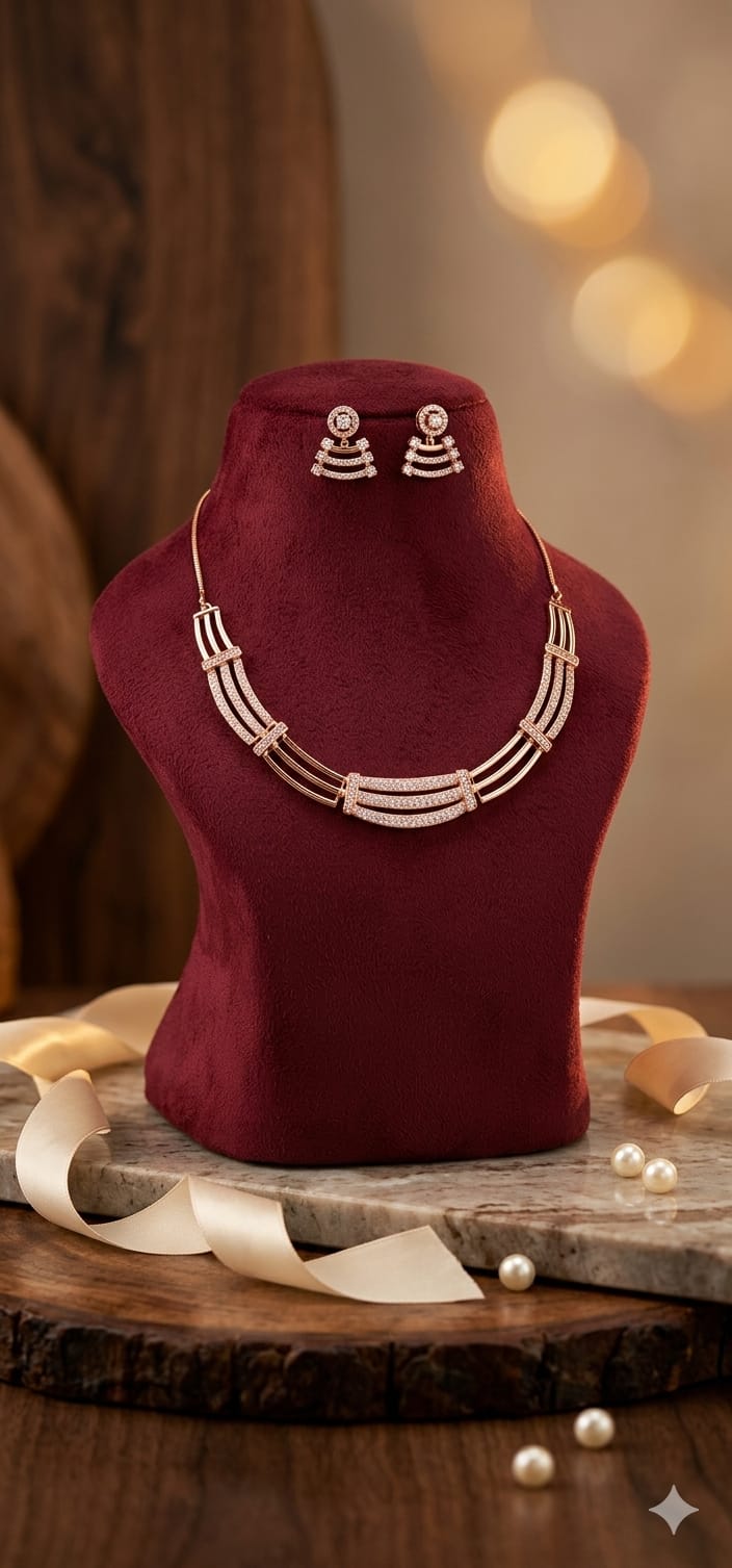 Anti tarnish rose gold AD Sculpted Arc necklace earrings set