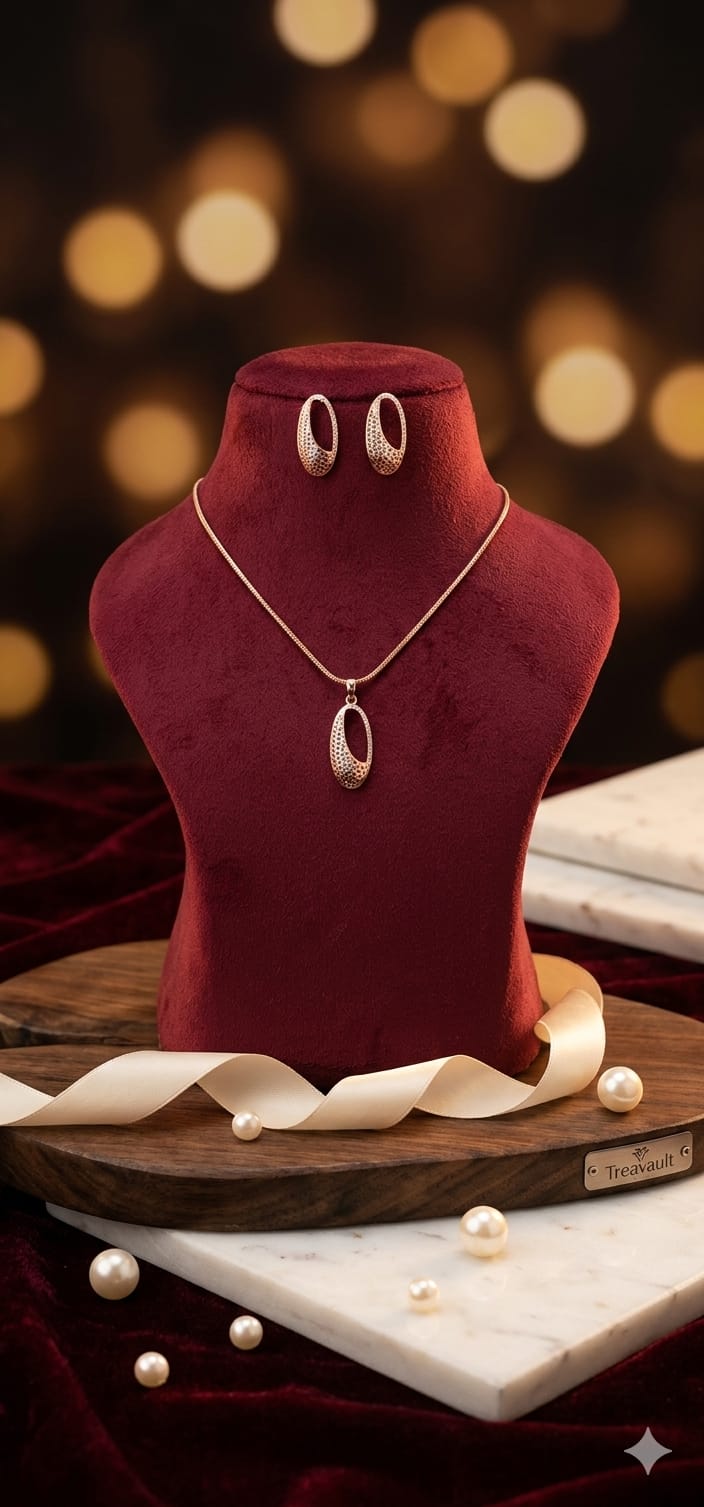 Anti tarnish rose gold AD Asymmetric Oval Pendent earrings Set