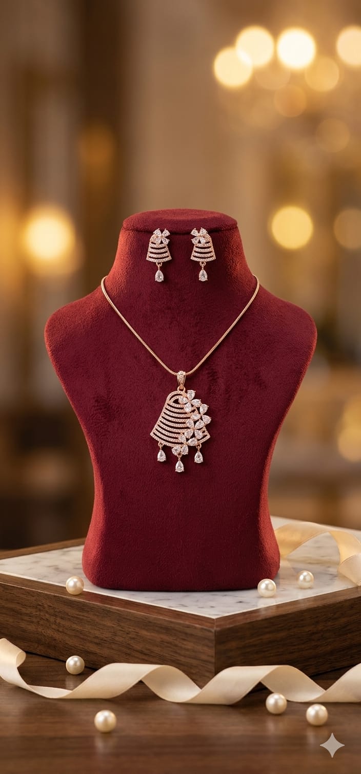 Anti tarnish rose gold AD Cascading Floral Fan Pendent earrings Set
