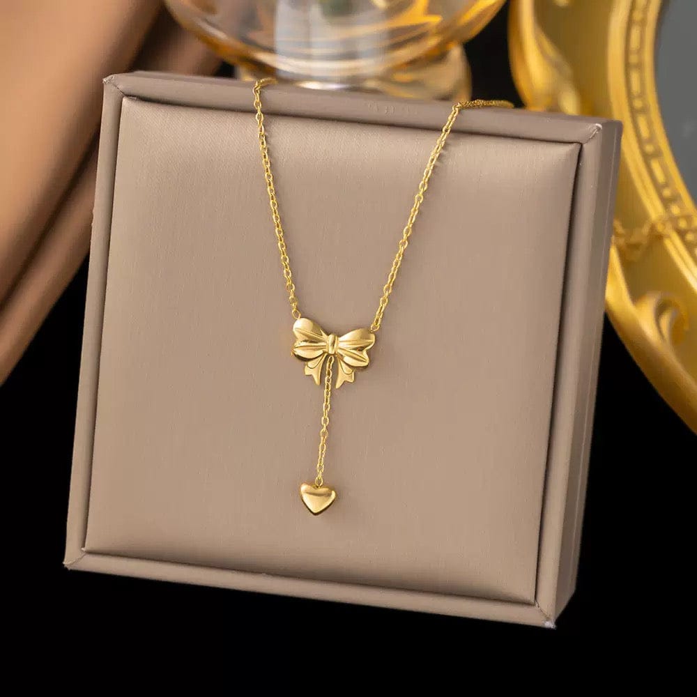 Anti Tarnish Stainless Steel Golden Bow & Heart Lariat Pendent