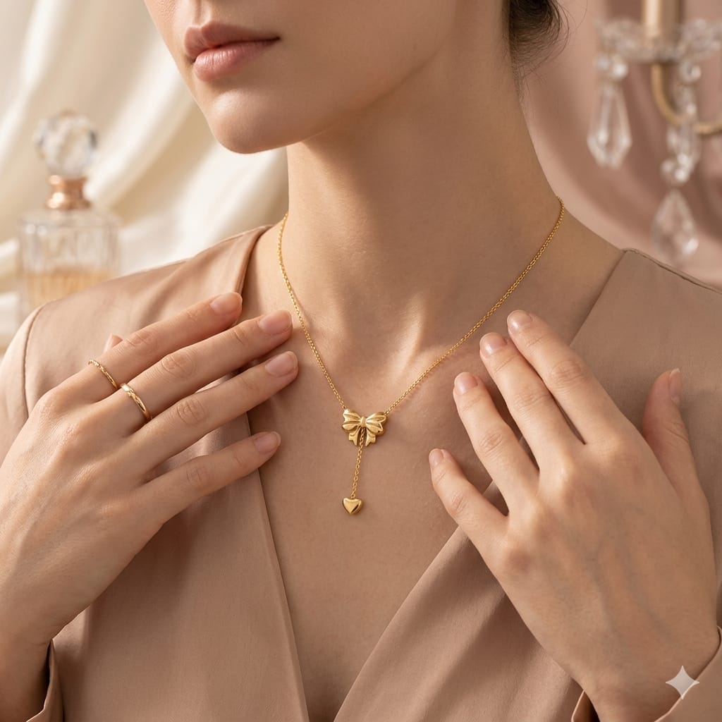 Anti Tarnish Stainless Steel Golden Bow & Heart Lariat Pendent