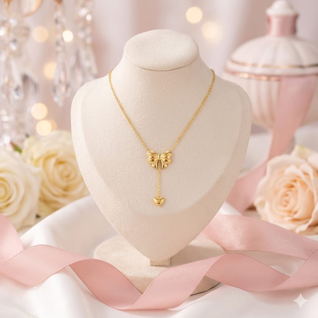 Anti Tarnish Stainless Steel Golden Bow & Heart Lariat Pendent