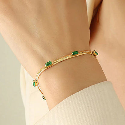 Gold Plated Stainless Steel Anti Tarnish Snake Chain Green Emerald Bracelet