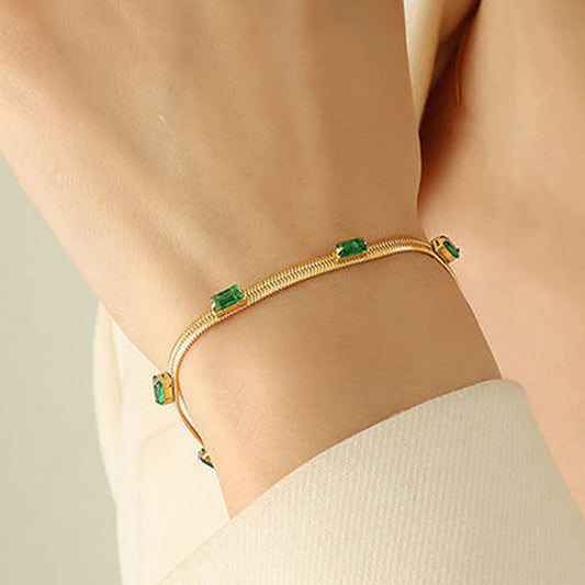 Gold Plated Stainless Steel Anti Tarnish Snake Chain Green Emerald Bracelet