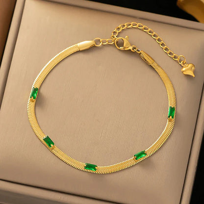Gold Plated Stainless Steel Anti Tarnish Snake Chain Green Emerald Bracelet