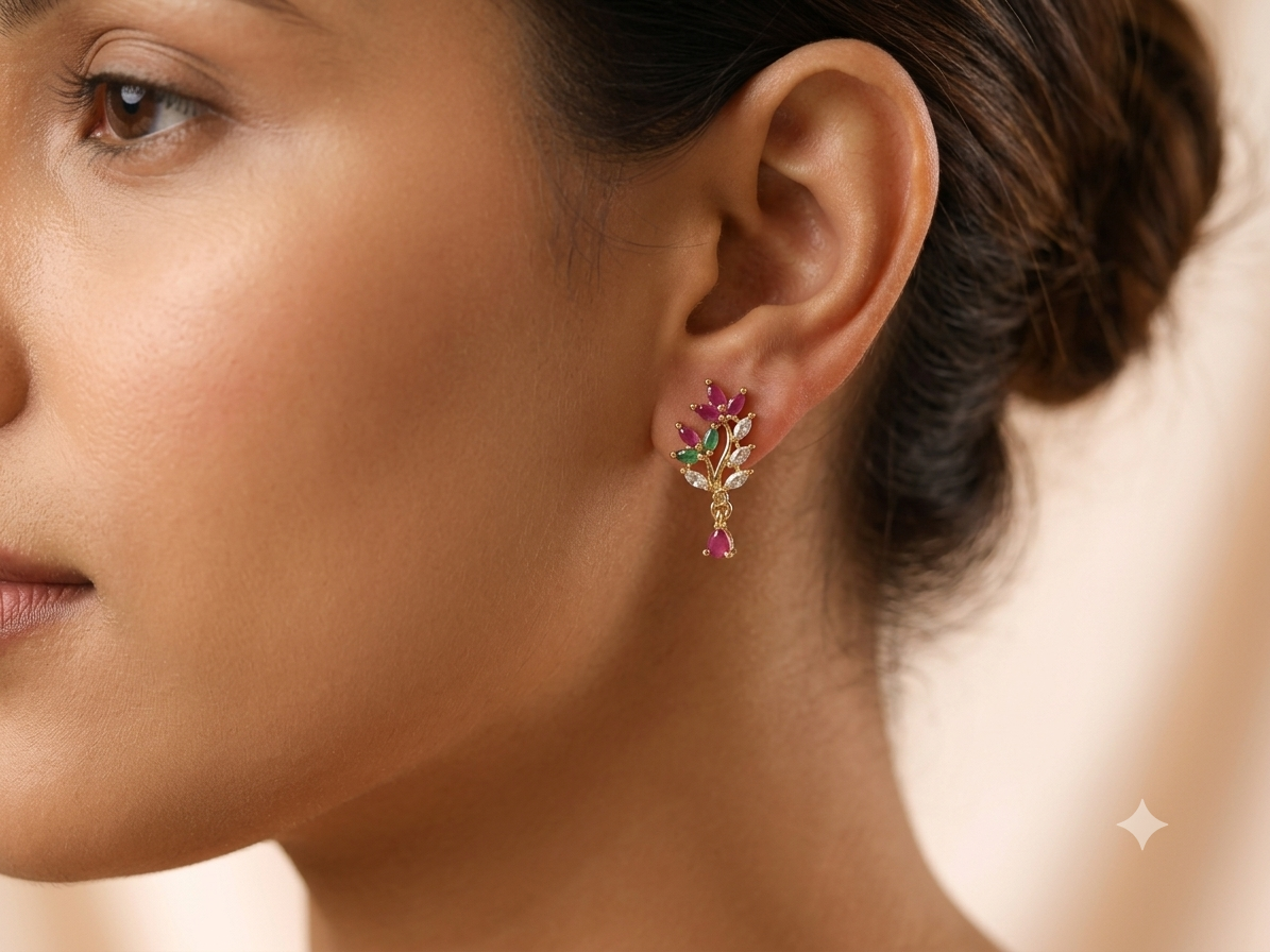 Floral Vine CZ Drop Stud Earrings