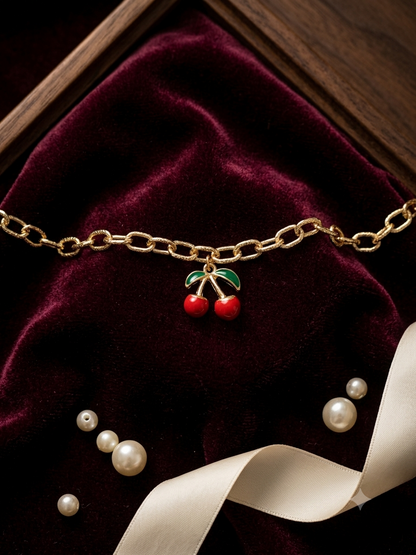 Mosaic Red Cherry hanging Anti-Tarnish Gold Bar Bracelet