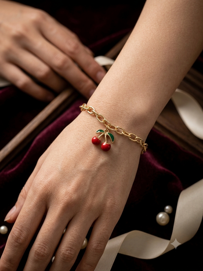 Mosaic Red Cherry hanging Anti-Tarnish Gold Bar Bracelet