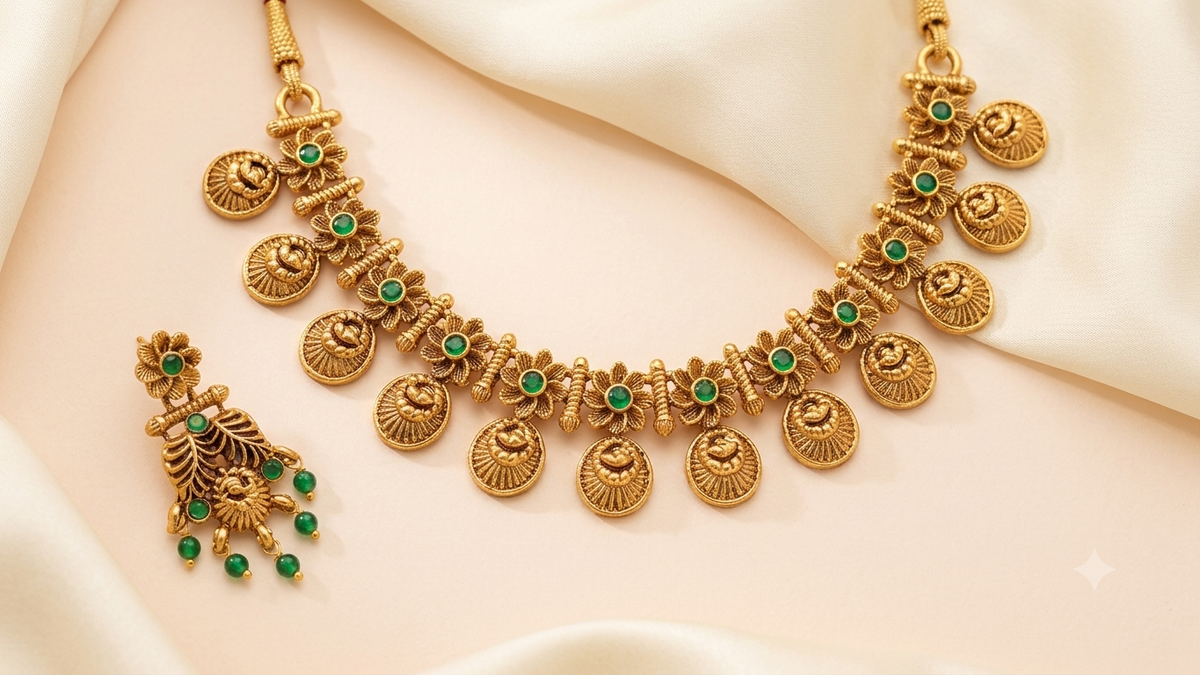 Antique Temple Kasu Necklace Earrings Set