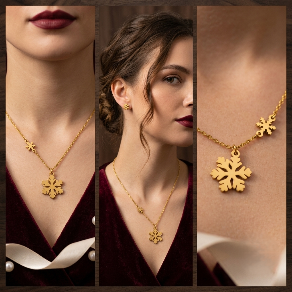 Anti Tarnish Stainless Steel Golden Snowflake Dual Charm Necklace