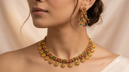 Antique Temple Kasu Necklace Earrings Set
