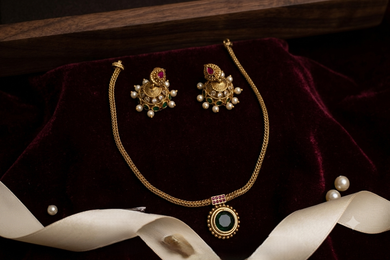 Emerald and Ruby mix Jhumka model Pendent and Jhumka Set