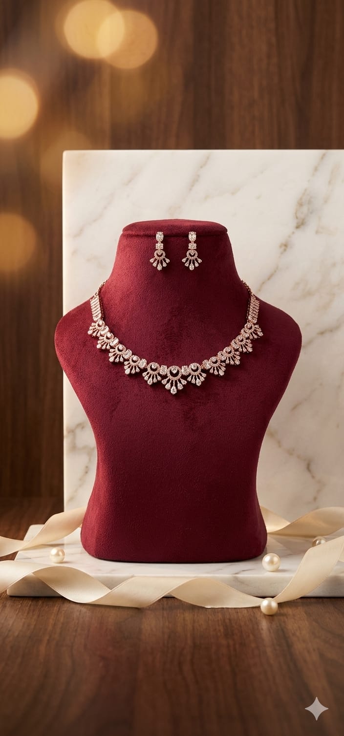 Anti tarnish rose gold AD floral cascade necklace earrings set