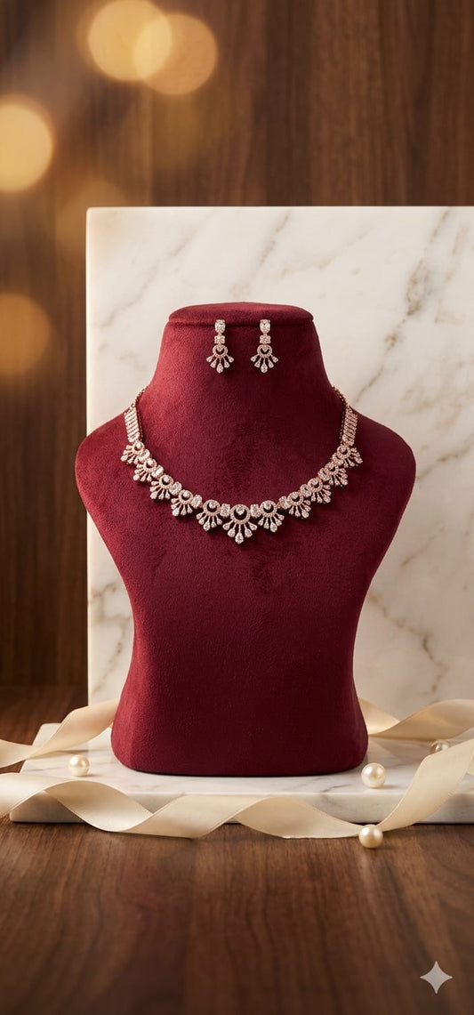 Anti tarnish rose gold AD floral cascade necklace earrings set
