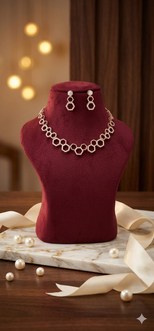 Anti tarnish rose gold AD honeycomb necklace earrings set