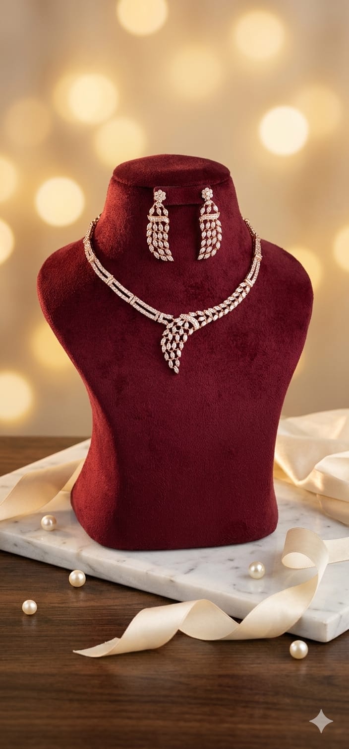 Anti tarnish rose gold AD feather  necklace earrings set