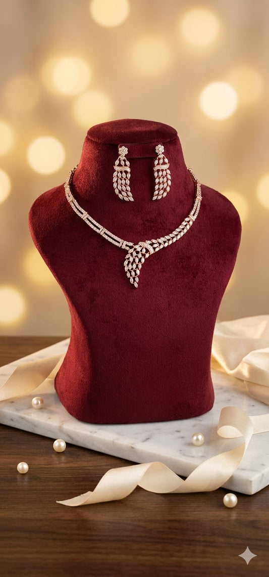 Anti tarnish rose gold AD feather  necklace earrings set