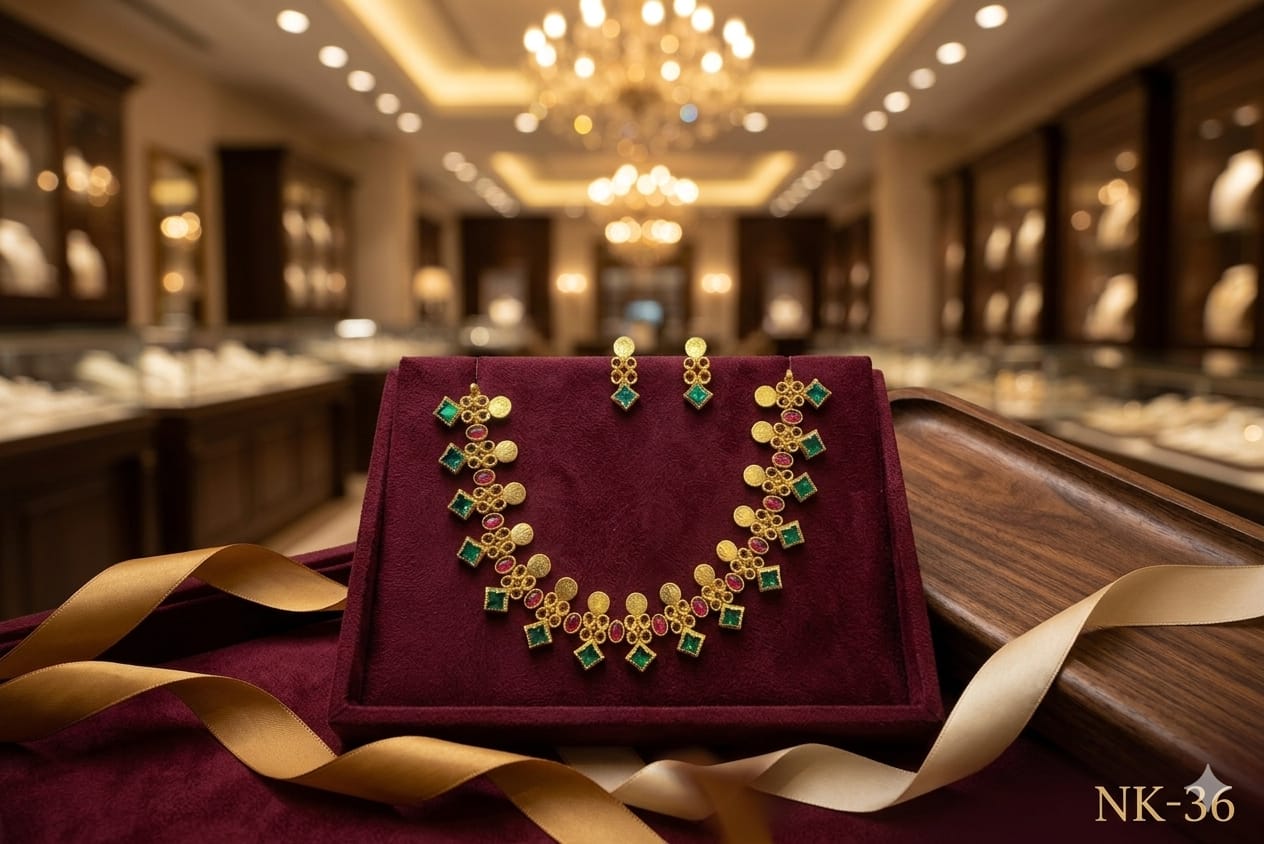 Antique Temple Emerald Geometric  Necklace Set