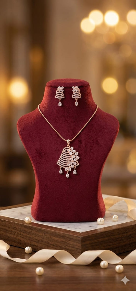 Anti tarnish rose gold AD Cascading Floral Fan  Pendent earrings Set