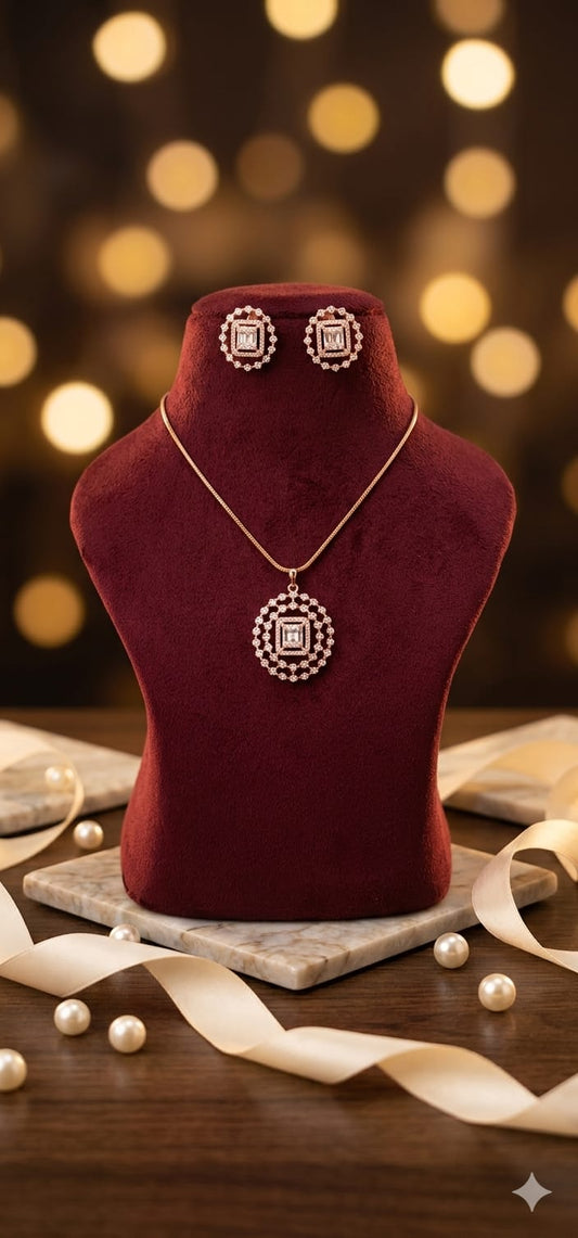 Anti tarnish rose gold AD Imperial Lace Medallion Pendent earrings Set