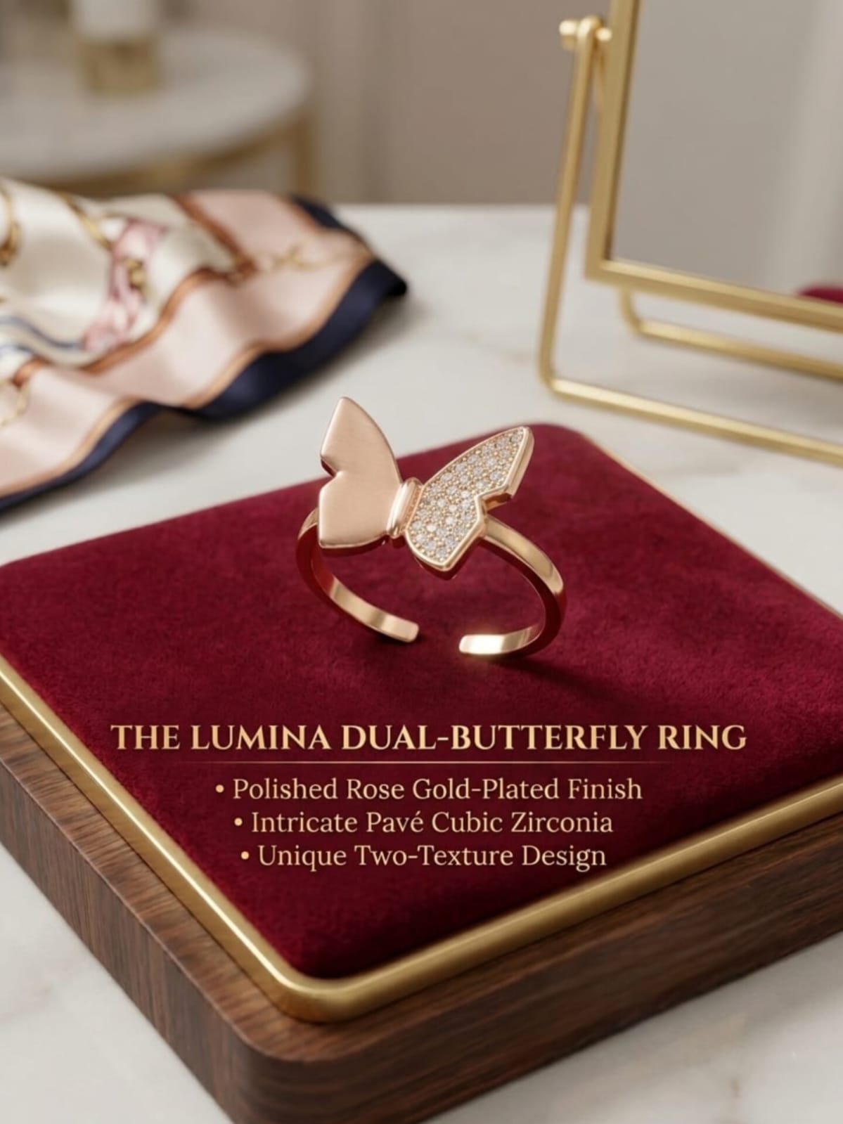 Anti tarnish rose gold AD Dual-Texture Butterfly Ring