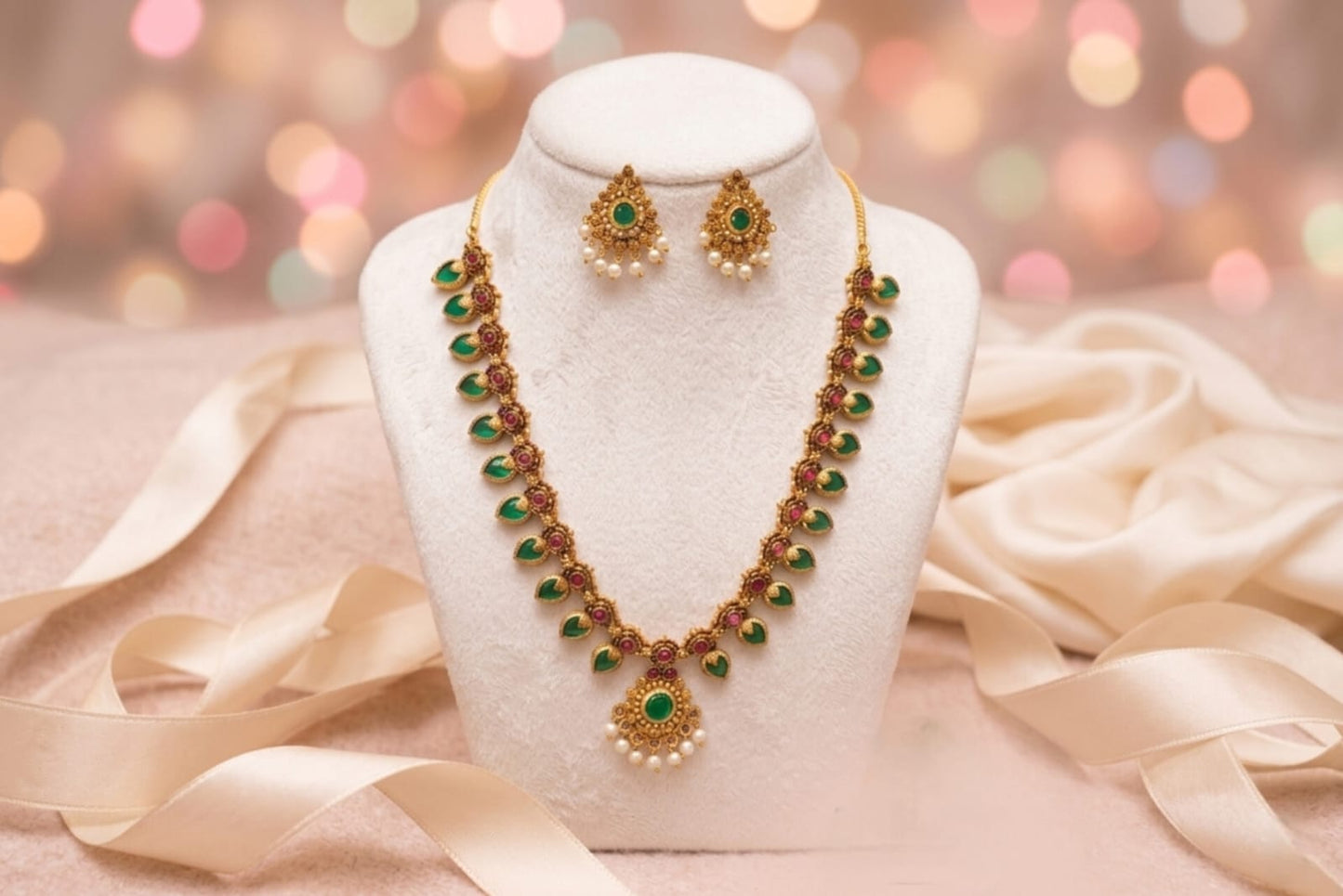 Antique Emerald & Ruby Temple Pearl Hanging Choker Necklace Set