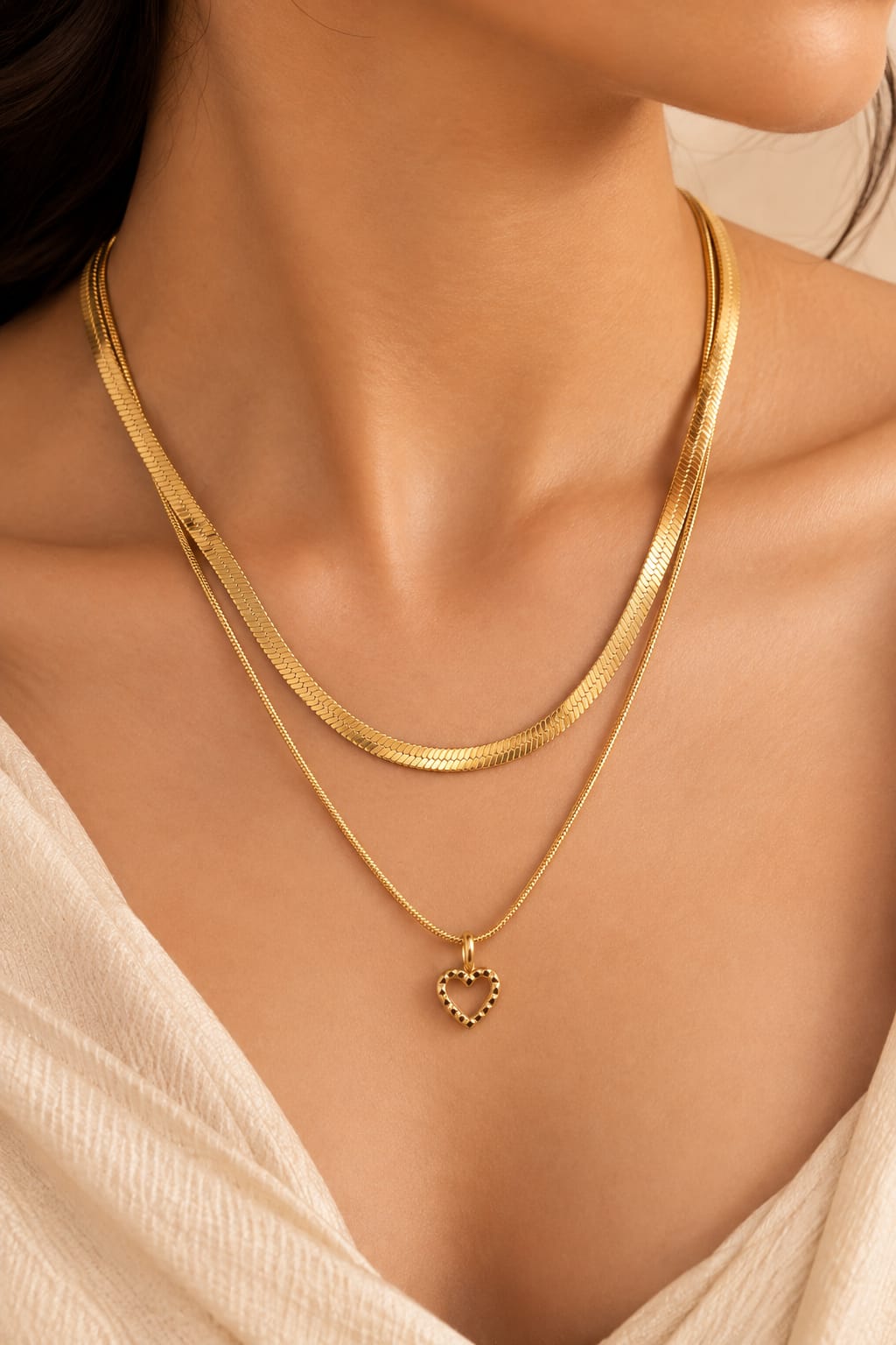 Double Layer Snake Chain Heart Pendant